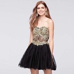 BLONDIE NITES BEDAZZLED BLACK AND GOLD CORSET MESH SHORT FORMAL HOMECOMING DRESS